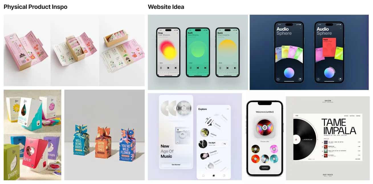 Physical product and website screen moodboard